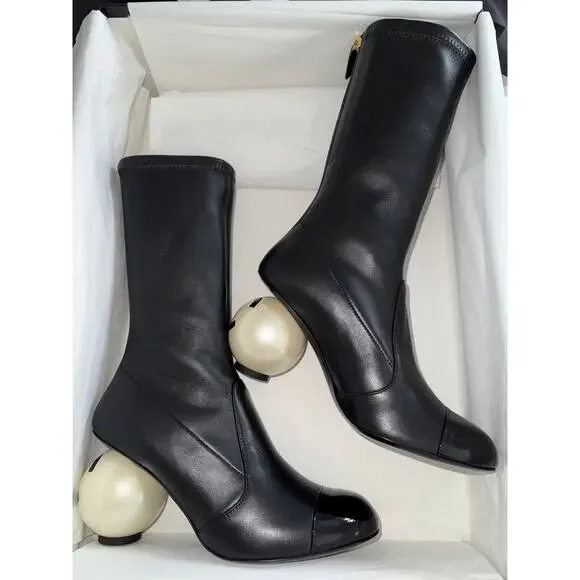 Chanel 25K Black White Pearl Ball Heel CC Logo Stretch Leather Calf Boots 37.5 - Picture 2 of 16